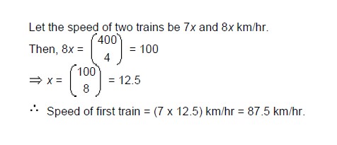 The ratio between the speeds of two trains is 7:8 If the second train runs 400 km in 4 hours, then the speed of the first train is: